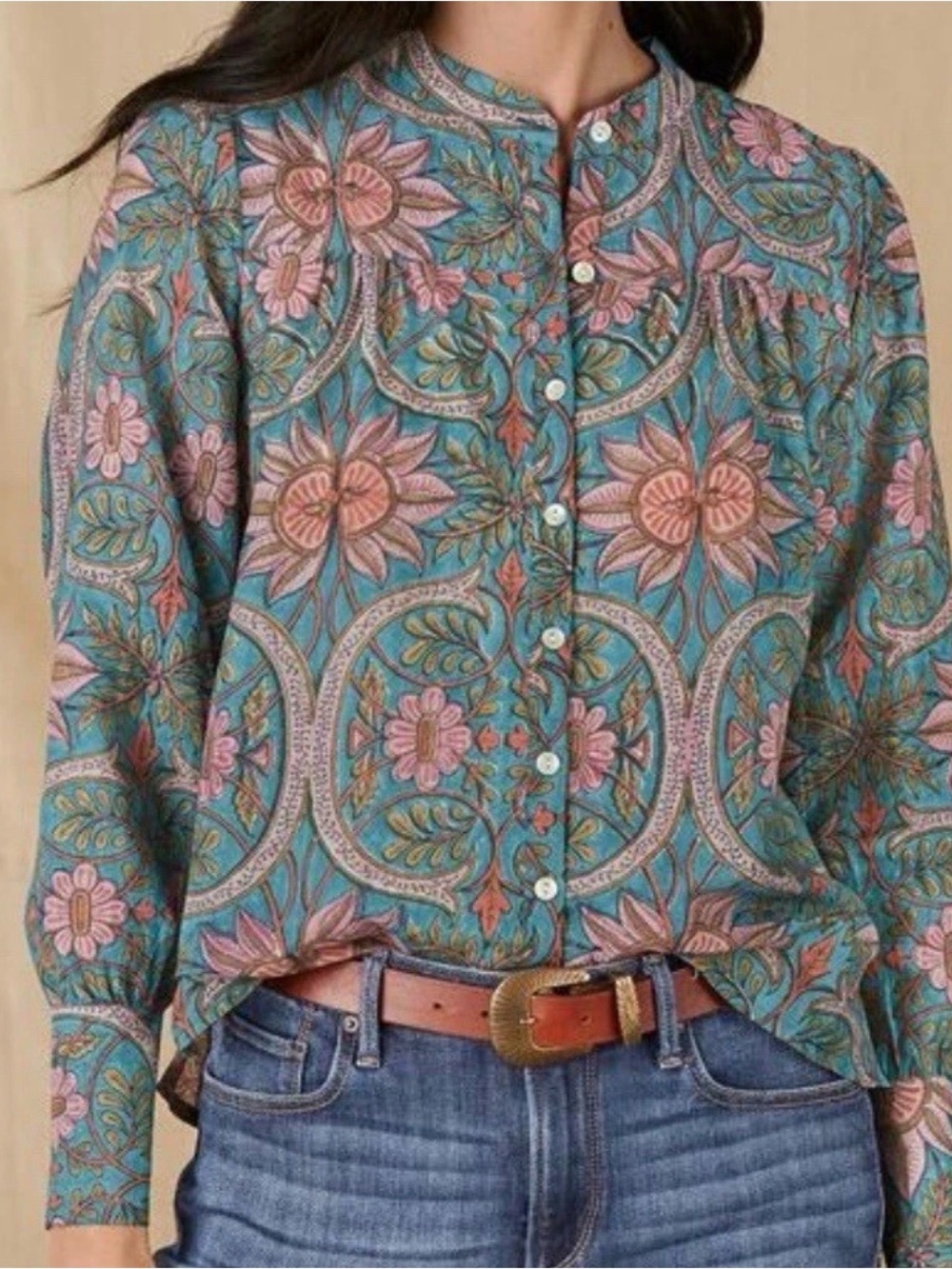 Oliphant Teal Floral Darby Blouse size M